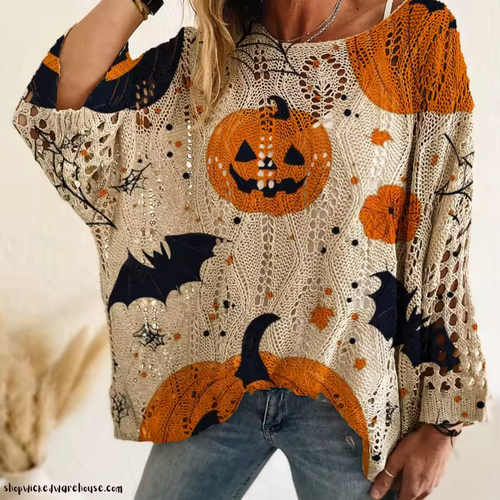 Halloween Pumpkin Print Knit Top